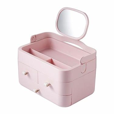 Imagem de Organizador de maquiagem para quarto, mesa organizadora com 3 gavetas, organizador de mesa de maquiagem com espelho para penteadeira, bancada de banheiro, prateleira de bandeja para cosméticos, loções