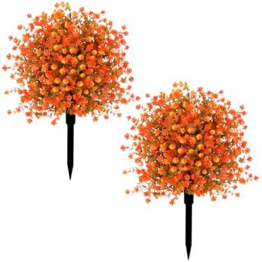 Imagem de TOCHGREEN Pacote com 2 árvores de bola de buxo artificial com espiga de solo, arbustos artificiais de vegetação sintética resistente a UV de 58 cm, plantas de outono falsas para decoração de jardim ao
