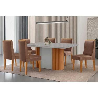 Imagem de Conjunto Sala de Jantar Pilar c/ Tampo Madeirado c/ Vidro Canto Curvo 180x90cm e 6 Cadeiras Dakota Madeira Maciça Naturale/Off White - Capuccino/Coran