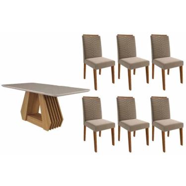 Imagem de Sala de Jantar Completa Ágata Tampo Madeirado c/ Vidro 180x90cm e 6 Cadeiras Clarice Nature/Off White - Carvalho/Suede Joli Capuccino - Cimol