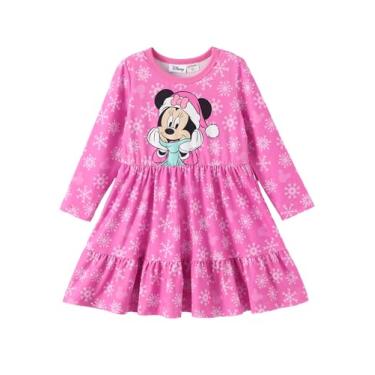 Imagem de Disney Vestido infantil floral Princess Frozen Elsa Minnie Stitch, manga comprida, roupa de outono casual para crianças de 2 a 6 anos, Minnie rosa choque, 4-5T