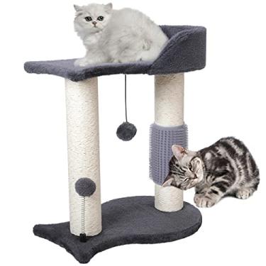 Imagem de Lihaobm Torre de árvore para gatos, poste multifuncional para arranhões para gatos em ambientes internos, com plataforma de descanso em forma de peixe, bola pendurada, bola de mola, cinza
