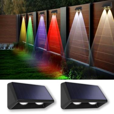 Imagem de Luzes de cerca solar ao ar livre - 3000/4000/6000K e 8 cores RGB, pacote com 2 luzes LED para cerca IP65, luz externa de 100 lúmens para quintal, pátio, deck, parede, escada, degrau, trilhos