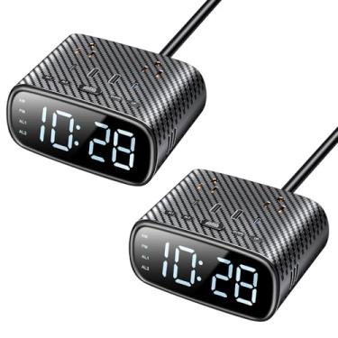Imagem de 2 peças de despertador com 2 USB-C, 2 carregadores USB-A, 2 tomadas, 2 tomadas – relógio digital regulável de LED com função soneca – Alarme duplo para mesa de cabeceira