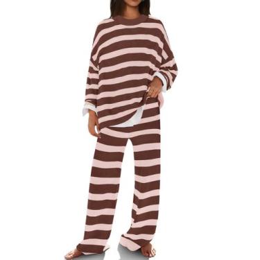 Imagem de Conjunto de lounge SENSERISE: suéter grande, pijama listrado, marrom, 