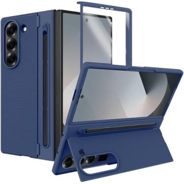 Imagem de Capa para Samsung Galaxy Z Fold 6 com suporte e caneta S [S Pen incluída] [Suporte invisível] Capa protetora fina à prova de choque para Galaxy Z Fold 6 com S Pen azul