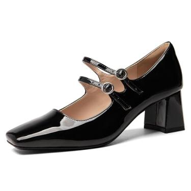 Imagem de NEWBELLA Sapato feminino Mary Jane – Sapato social vintage de couro envernizado com alça dupla, bico redondo e salto grosso de 5 cm para escritório/casamento, Preto, 36