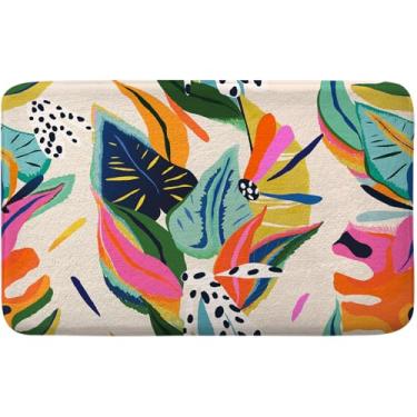 Imagem de PAOPOED Tapete de banho colorido, boho floral selva planta folha tapete de banheira, tapetes absorventes de veludo macio, antiderrapante, tapetes de secagem rápida, tapetes para cozinha, lavanderia