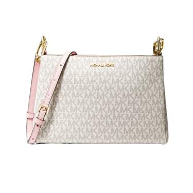 Imagem de Michael Kors Trisha Bolsa tiracolo de couro médio com compartimento triplo, Branco pálido, rosa, Medium