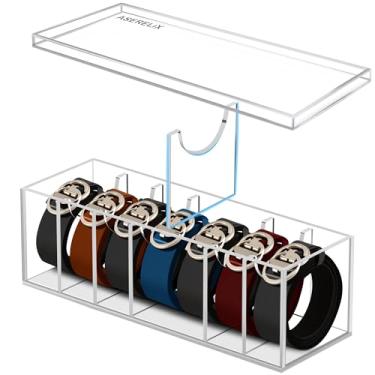Imagem de Organizador de cinto de acrílico ajustável com 6 divisórias removíveis e uma tampa de poeira, armazenamento de cinto transparente para armário e gaveta, suporte de caixa de cinto de 7 compartimentos