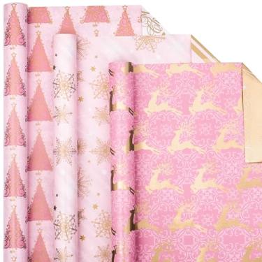 Imagem de Merture Conjunto de rolos de papel de embrulho de Natal rosa - 3 rolos - 43 x 300 cm, embrulho de presente com design boho com ouro, rena, floco de neve, feliz Natal