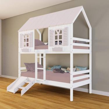 Imagem de Beliche Casinha Bela Kit Escada/Escorregador - Madeira Maciça Branco/Rosa | Housin