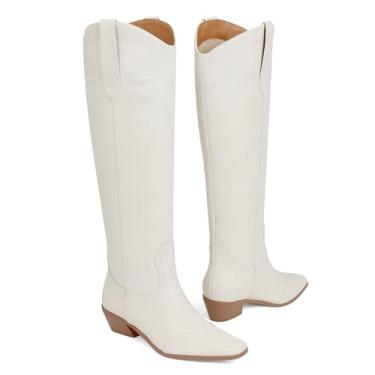 Imagem de COMFITORIA Botas de cowboy femininas de bico quadrado, modernas, cano alto, cano largo, salto grosso, sem cadarço, bota clássica retrô country western alta, Branco, 36