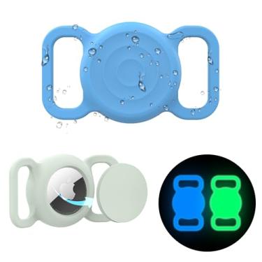 Imagem de Suporte de coleira de cachorro AirTag, à prova d'água para Apple Air Tag, pacote com 2, capa de silicone para coleira de cachorro (verde luminoso e azul luminoso)