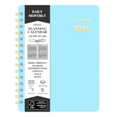 Imagem de TIIKKASI Agenda semanal mensal de 2026 (janeiro a dezembro) - 15 x 21 cm - bloco de notas de produtividade de plano de agenda de 12 meses de férias de inverno, capa de plástico flexível encadernada em