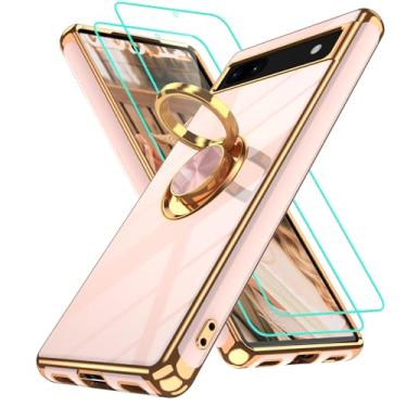 Imagem de Gritup Capa para Google Pixel 6A com 2 peças protetoras de tela | Suporte magnético de rotação de 360° | Revestimento dourado macio TPU protetor básico para celular Pixel 6A rosa