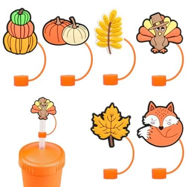 Imagem de 6 peças de cobertura de canudo de ação de graças, capas de palha de outono para copo Stanley, tampas de cobertura de canudos de ação de graças reutilizáveis para canudos de 10 mm para acessórios de