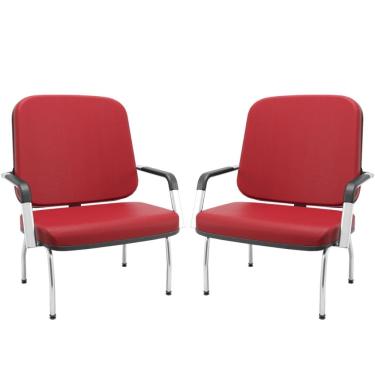 Imagem de Kit 02 Cadeiras de Escritório Recepção com Braço Fixa Cromada Magno P03 Vinil Vermelho - Lyam Decor