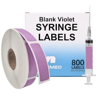 Imagem de Etiquetas de seringa médica violeta em branco - 800 etiquetas de medicamentos escritas em rolo em caixa de distribuição. Adesivos permanentes fortes e sem látex.