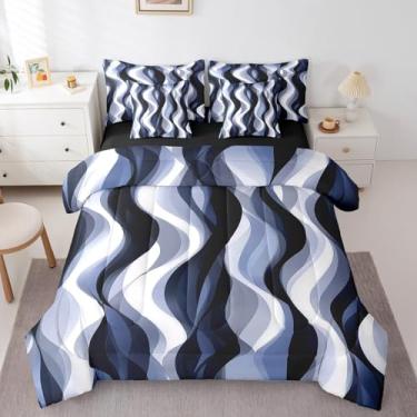 Imagem de Erosebridal Conjunto de edredom solteiro listrado azul marinho, 7 peças, moderno, geométrico, abstrato, azul-marinho em uma bolsa para mulheres e homens, roupa de cama minimalista com listras fluidas