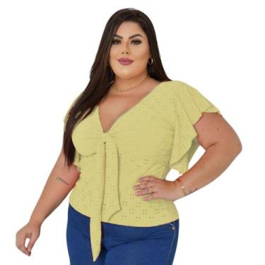 Imagem de Blusa Plus Size Feminina Gola V Amarração Manga Laise Renda de Malha -