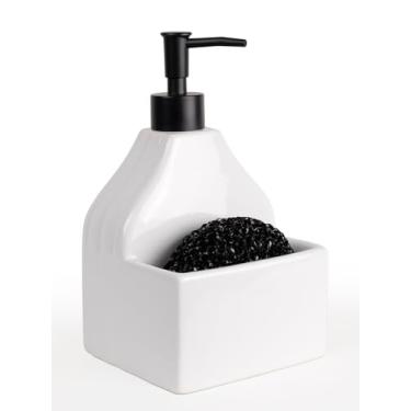 Imagem de INGOFIN Dispensador de sabão com suporte de esponja – 2 em 1 dispensador de sabão de cerâmica recarregável e conjunto de esponja, organizador de pia branco clássico com bomba e bola de esponja