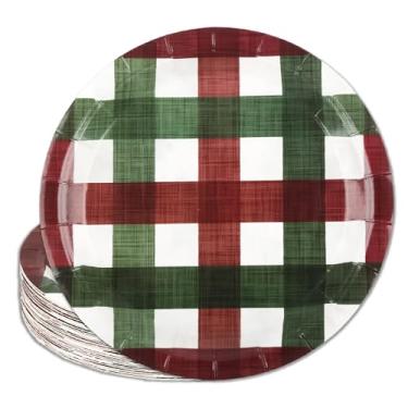 Imagem de AllReal 48 peças, pratos de sobremesa de Natal, vermelho, verde, guingão, descartáveis, prato de papel de festa de 17,8 cm, para Natal, inverno, férias, ano novo, suprimentos para festa (48, Natal)