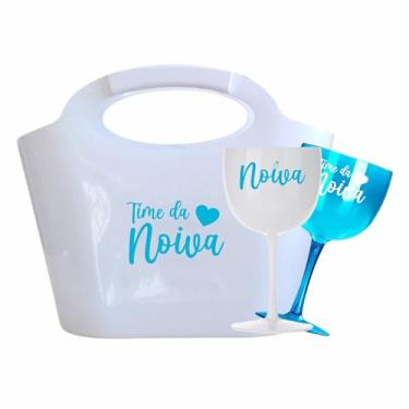 Imagem de Kit 15 Taças Gin Vodka 580ml Acrílica - Personalizadas Chá de lingerie despedida de solteira madrinhas Bride Noiva - Aloha (Bolsa Branca/Taças Azul -NOIVA)