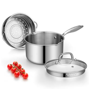 Imagem de Cyrosa Panela de 3 litros com tampa, panela de aço inoxidável com tampa de coador, dois bicos laterais para facilitar o despejo com cabo ergonômico, pode ser lavada na lava-louças