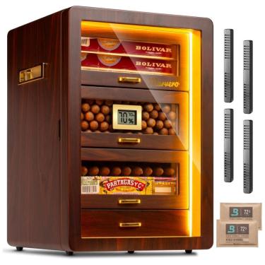 Imagem de Umidor de Charutos de Mesa, com 3 lados Iluminados, Higrômetro Digital, Umidificador e Packs de Umidade. 4 Gavetas de Cedro.Marvero