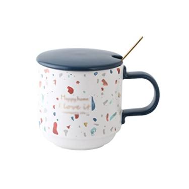 Imagem de Caneca Caneca Estilo Nórdico Escritório com Tampa Colher Decalque Padrão Xícara de Café Copo de Água Cerâmica Doméstico Adequado para Suco de Leite Caneca de Café (Cor: Azul)