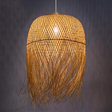 Imagem de BUUQSGKV Luz pendente de bambu natural E27 Luz pendente de iluminação Country Lâmpada de tecido de bambu ajustável Villa quarto decoração sala de estar luz pendente lâmpada de vime de bambu, 45 cm