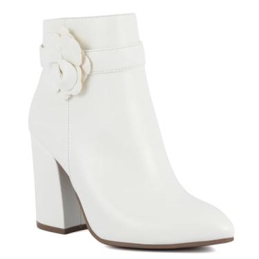 Imagem de Sugar Botas Chelsea femininas de inverno - salto alto grosso, bico fino, botas de cano curto modernas-Evvie, Flor branca, 36