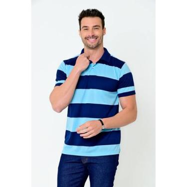 Imagem de Camisa Gola Polo Rick Masculina Listrada Slim Camisaria Colombo, Azul,