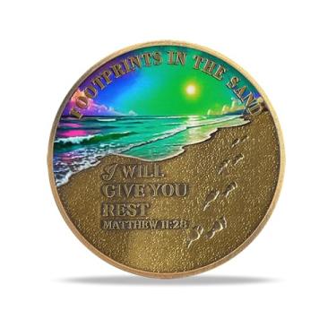 Imagem de RYUKENLM Footprints in the Sand Christian Challenge Coin Matthew 11:28 Moedas do versículo da Bíblia Token religioso baseado na fé presente cristão inspirador para homens, mulheres e crianças