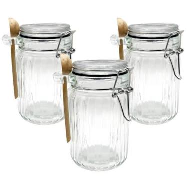 Imagem de Kit 3 Pote Hermético De Vidro Com Trava e Colher de Bambu Redondo 280m