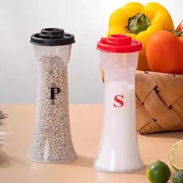 Imagem de Saleiro e pimenteiro de plástico, dispensador de pote de tempero em forma de ampulheta com tampas, recipiente para garrafa de especiarias com tampas de vedação para temperos de cozinha, restaurante
