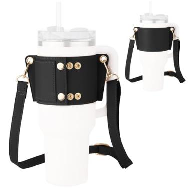 Imagem de Suporte de garrafa de água com alça para copo Stanley, alça de couro ajustável, bolsa para garrafa de água compatível com Stanley 1,134 g e copo de 850 g com alça (preto)