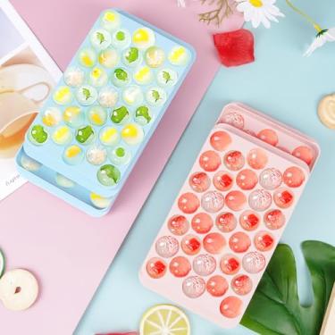 Imagem de Pacote com 2 bandejas de gelo de 33 compartimentos com tampa, bandejas de gelo redondas de 2 cm para freezer com tampa, bandejas de gelo para freezer com recipiente de gelo (azul e rosa)