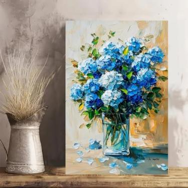 Imagem de Hortênsias em vaso de vidro, arte de parede em tela rústica vintage - Pôster sem moldura de 30,5 x 45,7 cm - Decoração de casa e escritório para sala de estar, quarto, cozinha e café