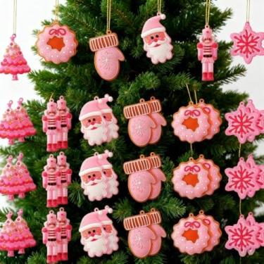 Imagem de 12 peças de enfeites de Natal fofos, luva rosa tradicional boneco de neve e desenhos de Papai Noel para árvore de Natal e suprimentos de festa