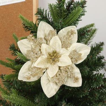 Imagem de 2 peças de tecido de poinsétia com glitter artificial de Natal grande, flor, cabeça floral sintética, árvore de Natal, decoração faça você mesmo, enfeite de guirlanda, decoração de casa, ouro, 18 cm
