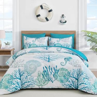 Imagem de WONGS BEDDING Conjunto de edredom costeiro, com tema de praia, 7 peças, algas marinhas náuticas e estrela-do-mar em uma bolsa (188 cm × 224 cm)