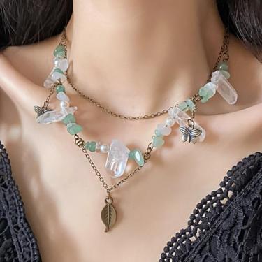 Imagem de Colar feminino com contas de folha verde - Colar em camadas com pingente de folha de borboleta/sol e lua, hipoalergênico que não mancha, presente de aniversário de Natal personalizado, joias modernas