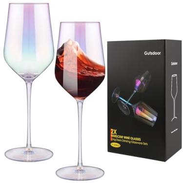 Imagem de Gutsdoor Conjunto de 2 taças de vinho tinto de cristal para vinho branco iridescente, haste longa, taça de vinho grande, 500 ml, soprada à mão para casamento, aniversário, Natal, aniversário, presentes
