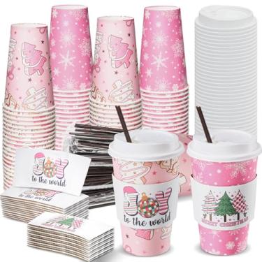 Imagem de Meanplan 50 conjuntos de xícaras de café descartáveis de Natal de 473 ml com tampas, mangas e canudos, xícaras de café natalinas para cacau quente e chá, bebidas frias, suprimentos de festa de Natal