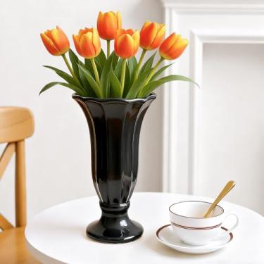 Imagem de GarDream Vaso de cerâmica canelado preto com base de pedestal, vaso de flores moderno de 25 cm de altura para decoração de mesa de jantar, centros de mesa, bancadas, vasos decorativos para decoração