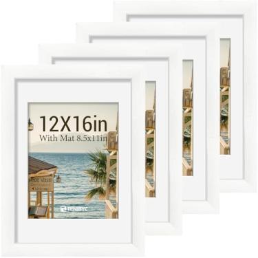 Imagem de Conjunto de porta-retratos de 30 x 40 cm – pacote com 4, molduras brancas de madeira maciça – vidro temperado – exibe fotos 21 x 28 cm com tapete ou 12 x 16 sem decoração de quarto, escritório