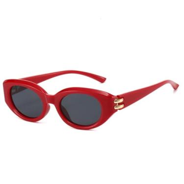 Imagem de VFDHN Óculos de sol femininos da moda, óculos de sol UV400 retrô, pequeno, oval, preto, masculino, para áreas externas (vermelho, preto)