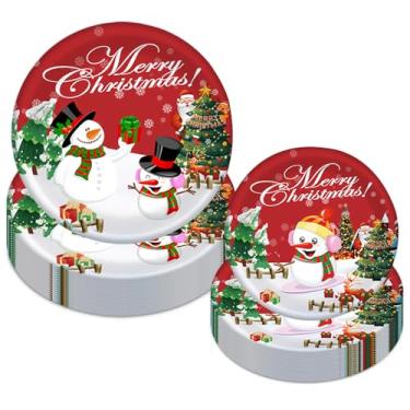 Imagem de XVYLFZNP 20 peças de pratos de papel de Natal, Papai Noel, boneco de neve, pratos de papel descartáveis para festas de Natal, 18 cm e 23 cm